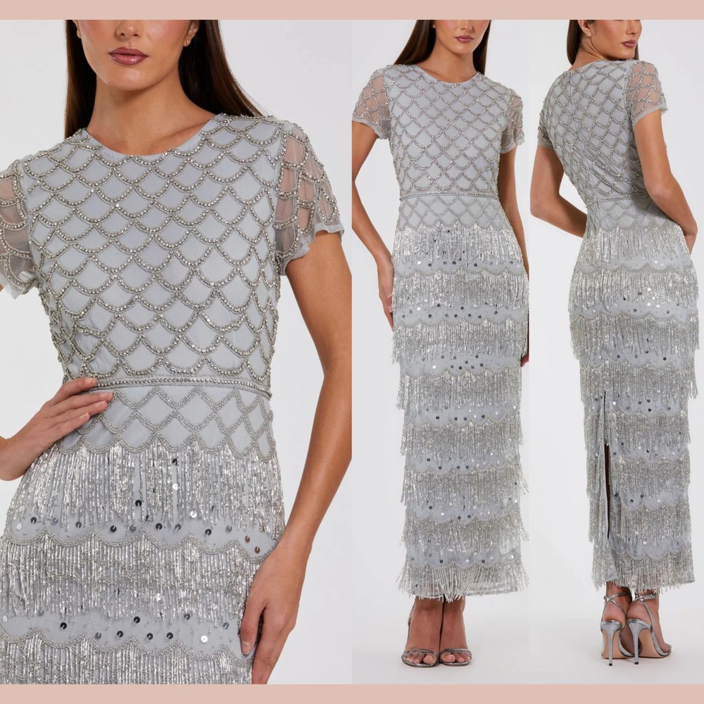 NWT Mac Duggal [ 6 ] 94077 Fringe Embellished Mesh Ankle Length Dress Gown J2379
